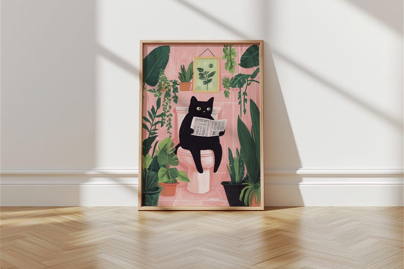 May include: A black cat sitting on a pink toilet reading a newspaper in a bathroom with green plants. The bathroom walls are pink and the floor is white.