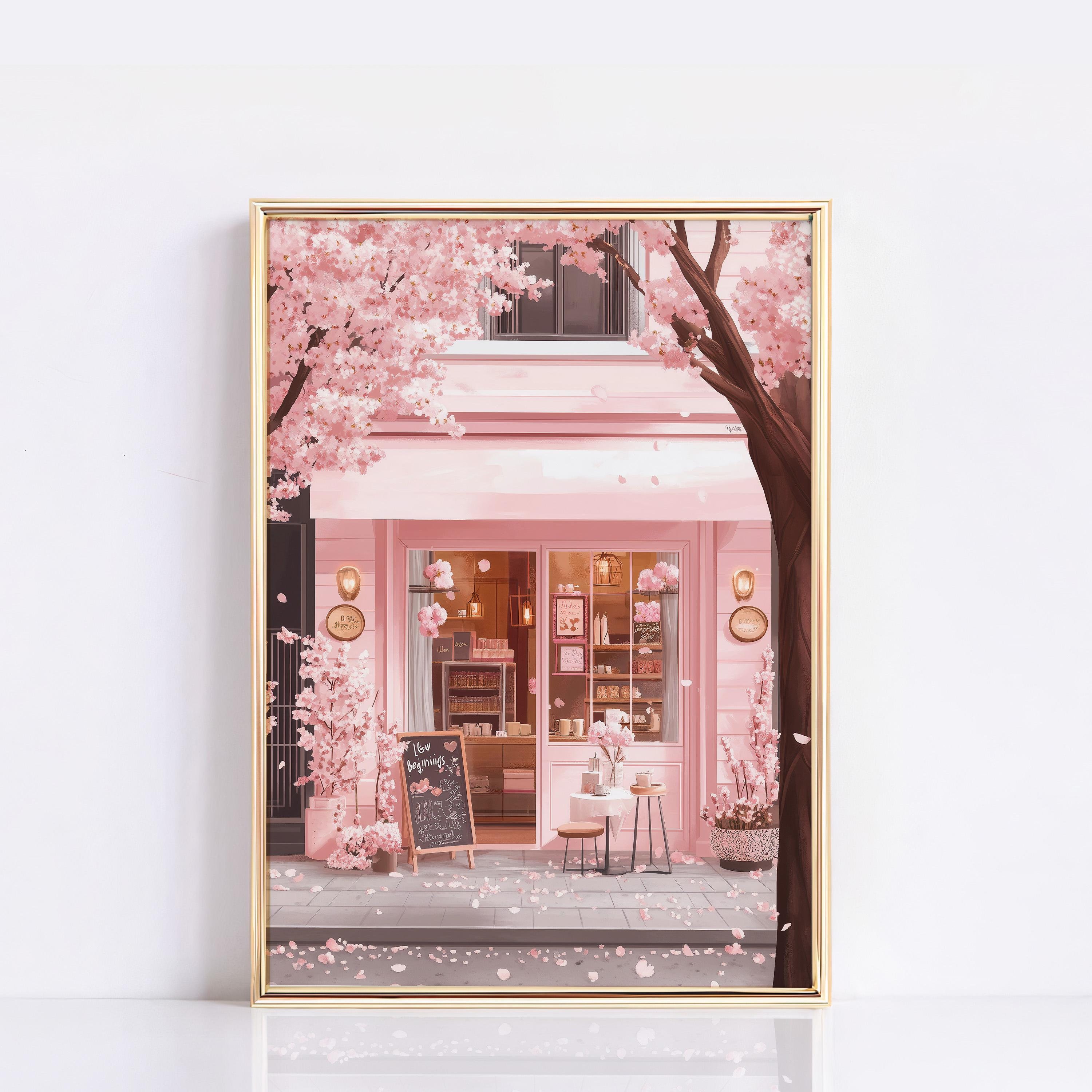 Pink Cafe Print, Cherry Blossom Wall Art Poster, Coffee Poster