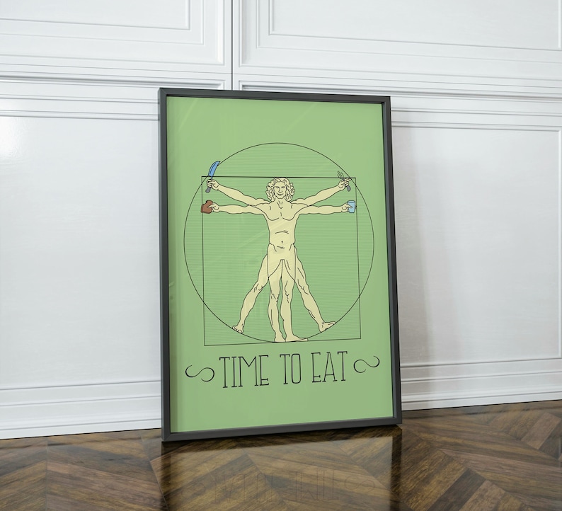 May include: A green poster with a drawing of a man in a Vitruvian Man pose. The man is holding a fork in one hand and a knife in the other. The text "TIME TO EAT" is written below the drawing.