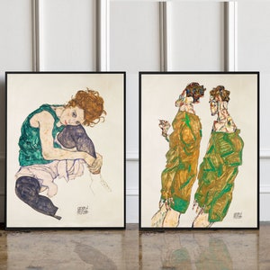 SET OF 2 Egon Schiele prints, Devonition and Sitting woman wall art decor poster, Vintage Decor, Gift Idea, Bedroom Wall Art, Modern Art