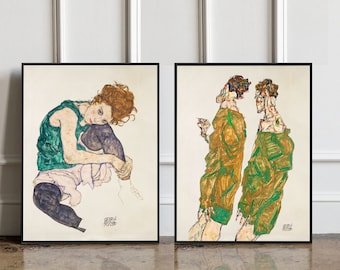 SET OF 2 Egon Schiele prints, Devonition and Sitting woman wall art decor poster, Vintage Decor, Gift Idea, Bedroom Wall Art, Modern Art