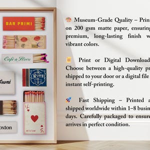 May include: A framed print featuring various matchbox designs with restaurant and hotel names like "Bar Primi" and "Ritz Hotel". The print includes text such as "Caf&eacute; Kitsun&eacute;" and "the hoxton". The matchboxes are arranged in a grid.