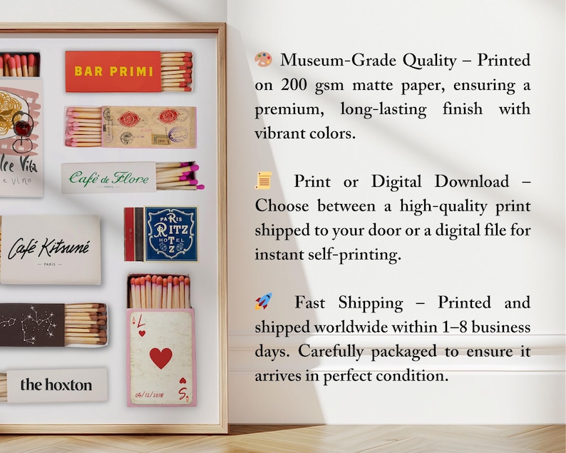 May include: A framed print featuring various matchbox designs with restaurant and hotel names like "Bar Primi" and "Ritz Hotel". The print includes text such as "Caf&eacute; Kitsun&eacute;" and "the hoxton". The matchboxes are arranged in a grid.