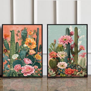 May include: Two framed prints of colorful botanical illustrations featuring cacti and flowers. The prints have a vintage aesthetic and are set against a white wall.