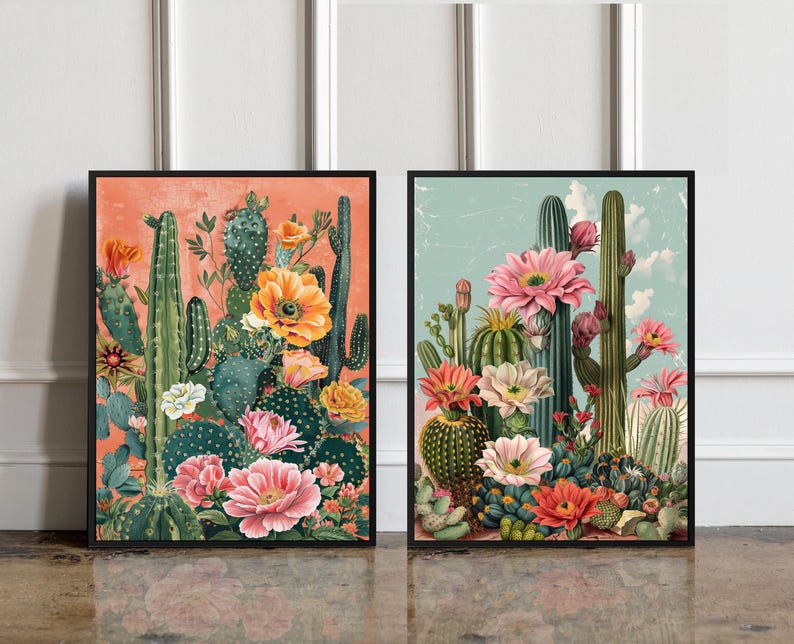 May include: Two framed prints of colorful botanical illustrations featuring cacti and flowers. The prints have a vintage aesthetic and are set against a white wall.