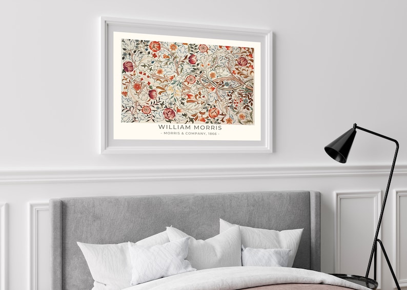 May include: A framed print of a floral pattern with red, orange, and green flowers and leaves. The print is titled "William Morris - Morris & Company, 1862 -"