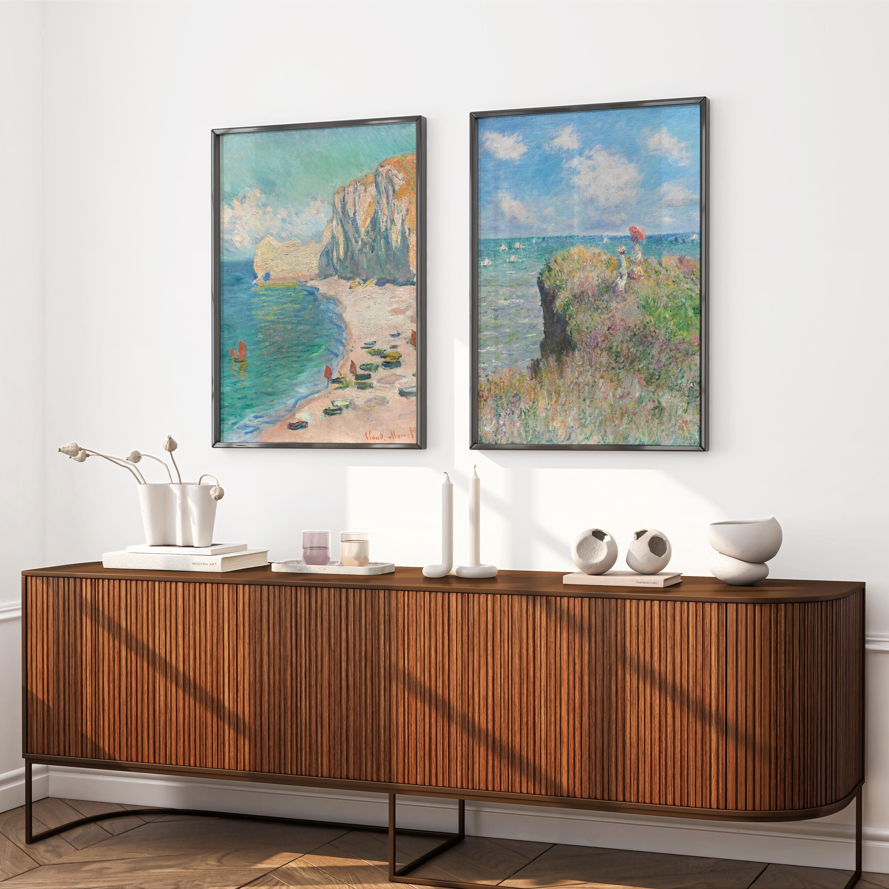 Set of 2 Claude Monet Exhibition Prints, The Beach and the Falaise d'Amont Claude Monet,  Monet Exhibition Print, Landscape wall art