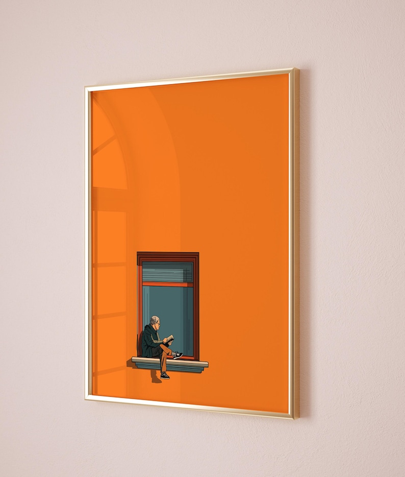 Arte minimalista naranja para pared, pintura decorativa estética para el hogar, estampado cálido y soleado, póster para amantes de los libros, decoración que estimula la dopamina imagen 5