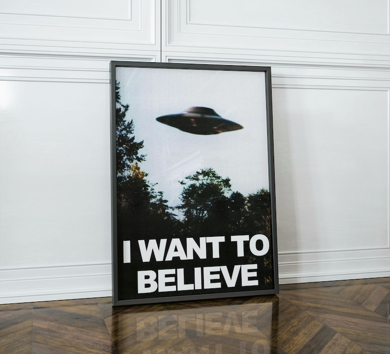 May include: A black framed poster with a photo of a flying saucer in a forest setting. The poster has the text "I WANT TO BELIEVE" in white letters.