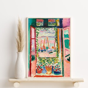 May include: A painting of a window with a view of a harbor with boats. The window is open and there are flowers in pots on the windowsill. The painting is done in a colorful, impressionistic style.