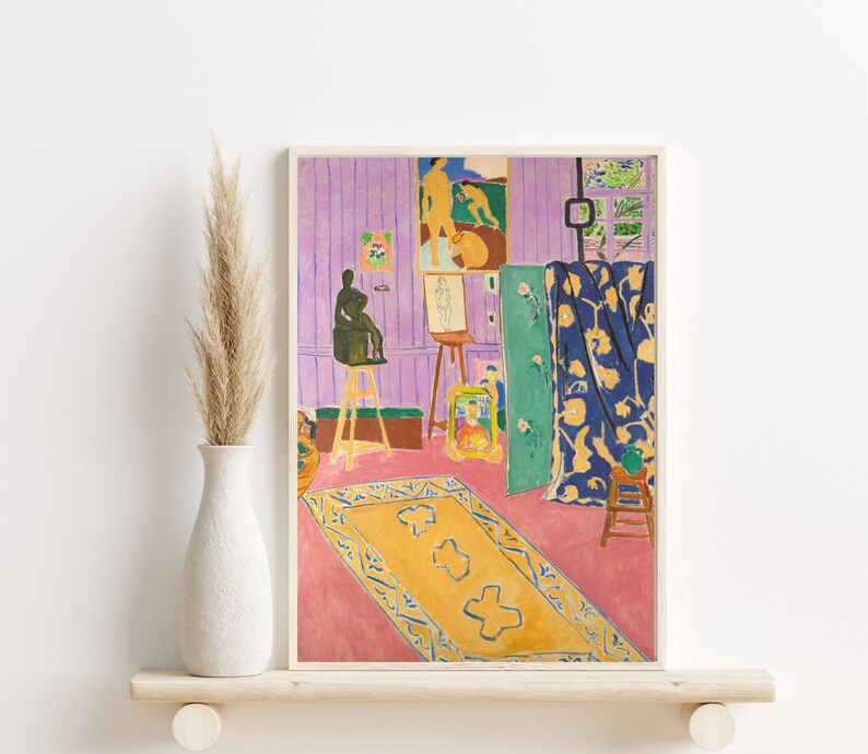 May include: A painting of a room with a purple wall, a blue curtain, and a yellow rug. There are several paintings on the wall, including a nude figure and a landscape. The room is filled with light and color.