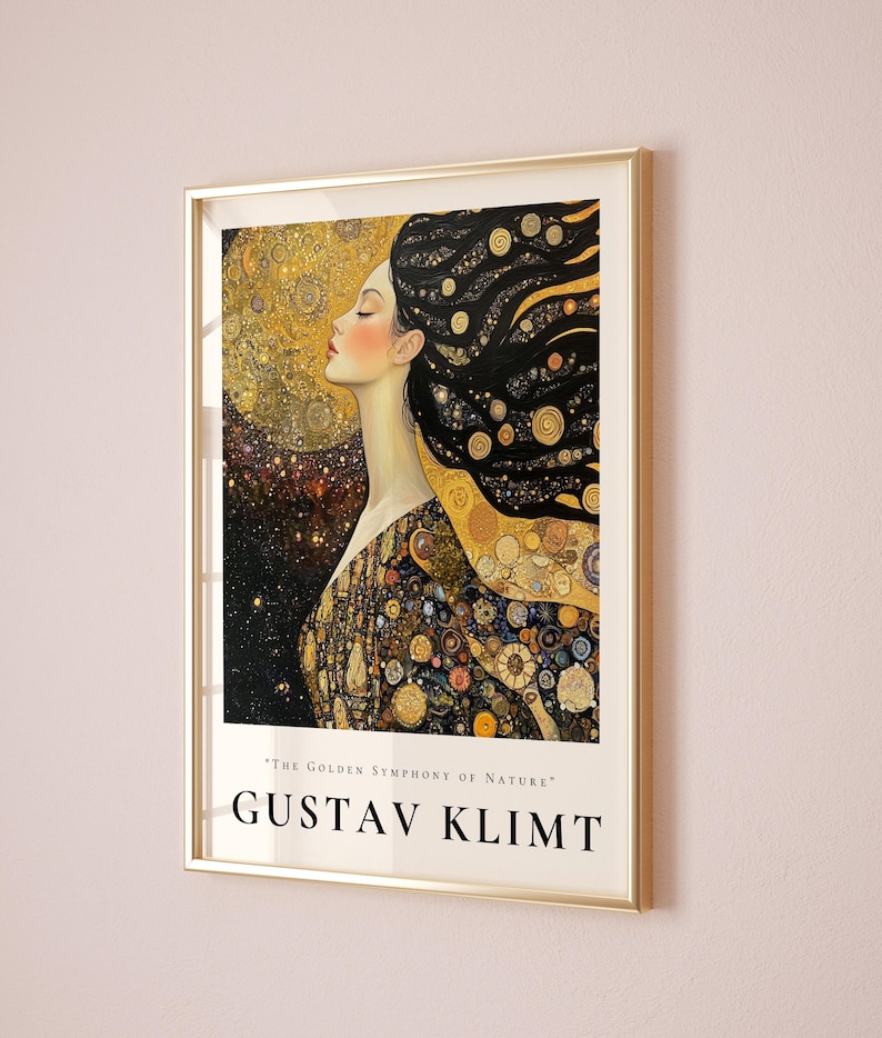 May include: A framed print of a painting by Gustav Klimt, featuring a woman with flowing black hair adorned with gold and black swirls. The background is a swirling pattern of gold and black, with the text "The Golden Symphony of Nature" at the bottom.
