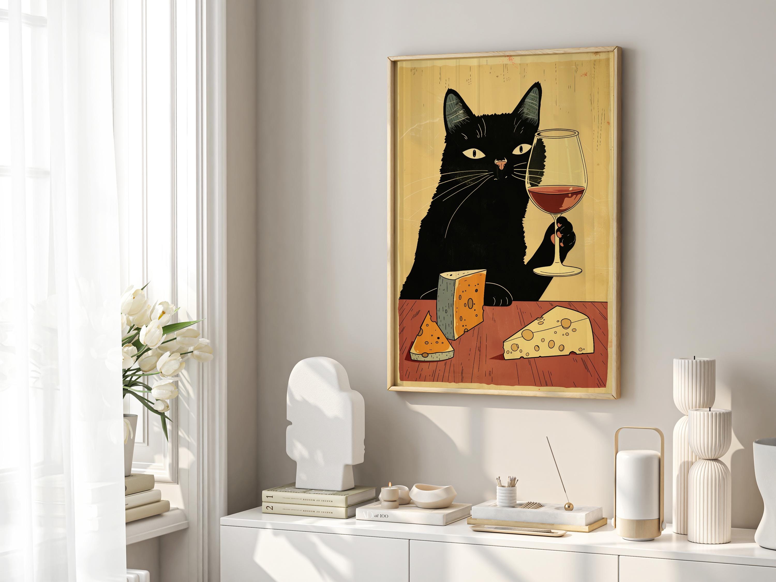 Vintage Black Cat With Wine Poster, Bar Decor Wall Art, Kitchen Wall ...