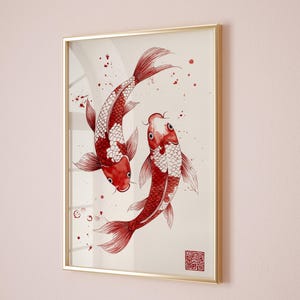 May include: A framed watercolor painting of two red and white koi fish swimming in a circle. The fish are outlined in black ink and have a white background. The painting is framed in a gold frame.