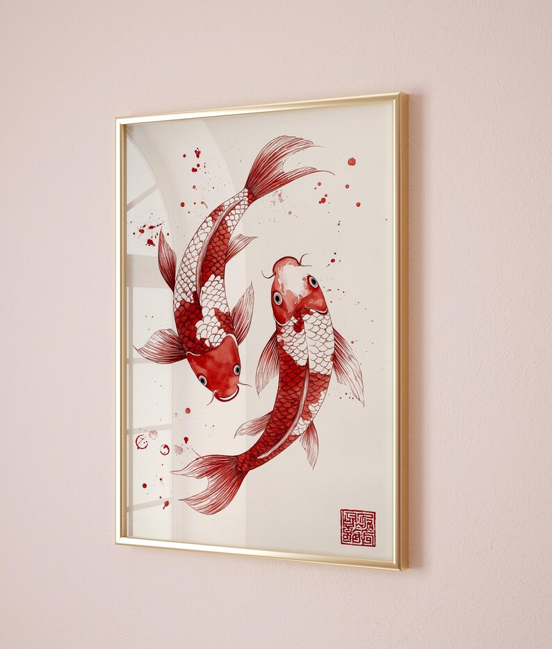 May include: A framed watercolor painting of two red and white koi fish swimming in a circle. The fish are outlined in black ink and have a white background. The painting is framed in a gold frame.