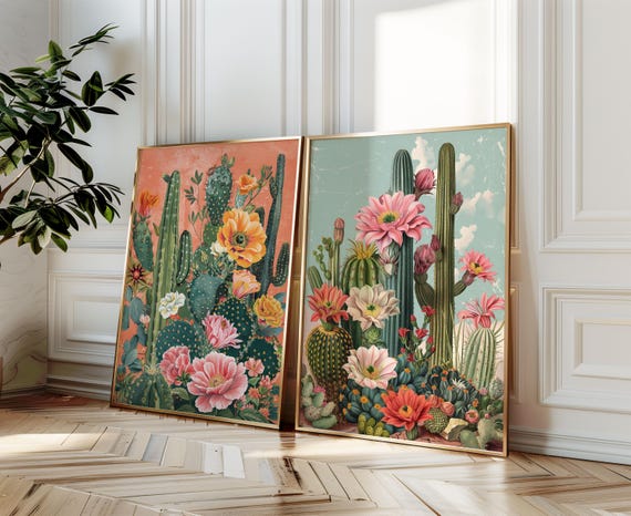 SET OF 2 Vintage Mexican Desert Art Print, Cactus Poster Print, Trendy Western Desert Print, Vintage Cactus Poster, Colourful Mexican Art