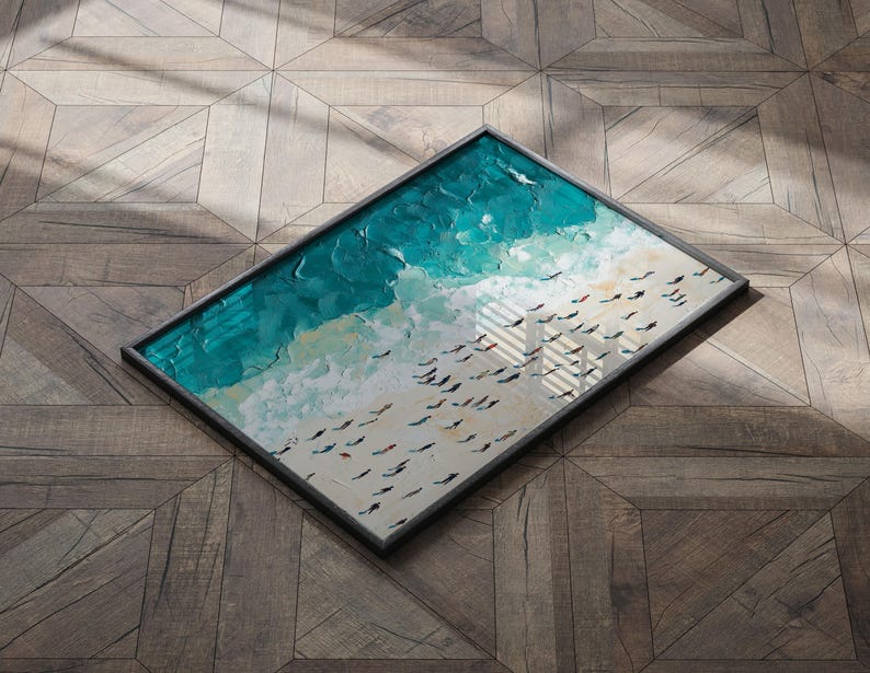 May include: A framed painting depicting a turquoise ocean with white waves and a flock of birds flying overhead.