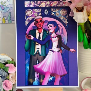 May include: A digital illustration of a couple dancing in a stained glass style. The man is wearing a green jacket, white shirt, and brown pants. The woman is wearing a pink dress with a white collar and a blue jacket. The background is a purple and blue stained glass design with gold accents.