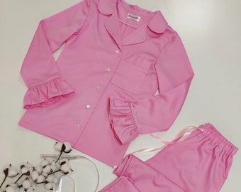 Pink cotton pajama set Women pajamas with long sleeves custom made Loungewear with pants decorated with ruffles