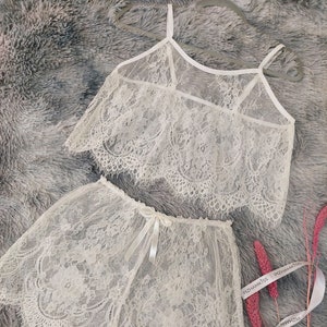 White sheer Lace pajama set Wedding night Lingerie