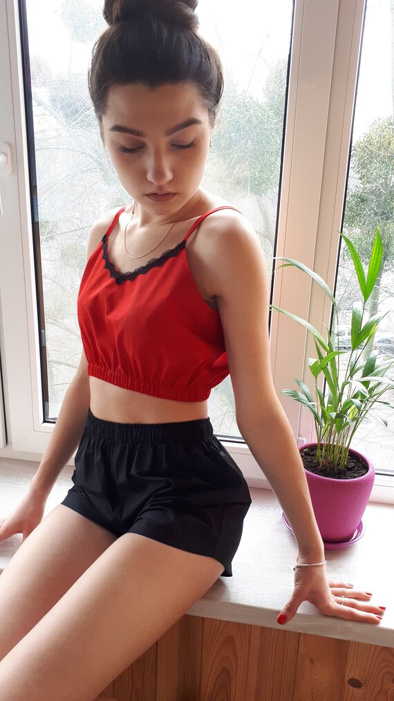 Pajama Set Red Top and Black Shorts 