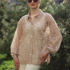 Sheer Beige Lace Blouse with Wide Sleeves - Button-Up Floral Lace Shirt - Elegant and Luxurious Women’s Top