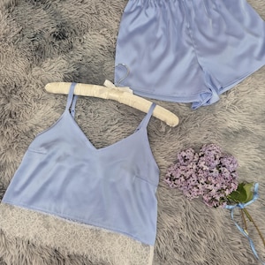 Silk bride pajamas with lace Blue silk short pajama set