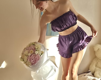 Plum cotton pajama set with ruffles Cotton women pajamas Gift for her
