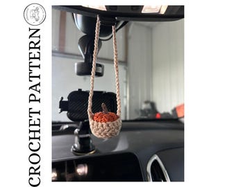 Crochet Fall pumpkin in basket mirror car charm hanging fall crochet pattern car accessories diy crochet Halloween decor
