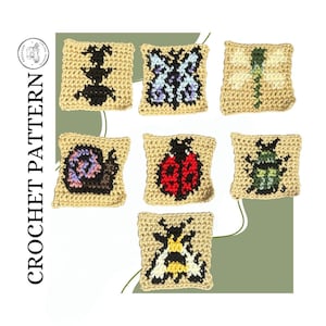 May include: Seven square crochet patches featuring insect and garden motifs including a butterfly, dragonfly, snail, ladybug, beetle, and bee, all worked in beige yarn with colorful details. The text CROCHET PATTERN is printed vertically on the left side.