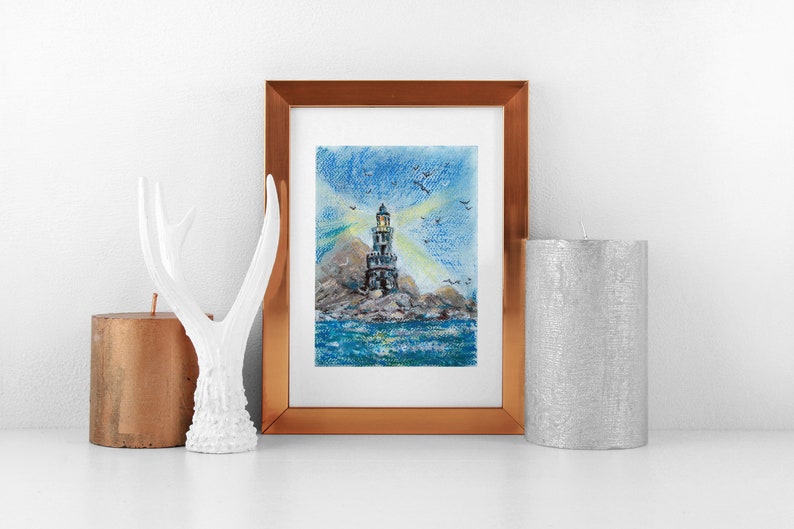 Lighthouse oil pastel painting Plein air painting seascape with seagulls wall art 7 by 9 ...