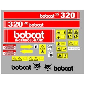 Peut inclure: Ensemble d'autocollants et d'étiquettes d'avertissement Bobcat rouges et blancs. Les autocollants incluent le logo Bobcat, le numéro 320 et le nom Ingersoll-Rand. Les étiquettes d'avertissement présentent divers symboles de sécurité.