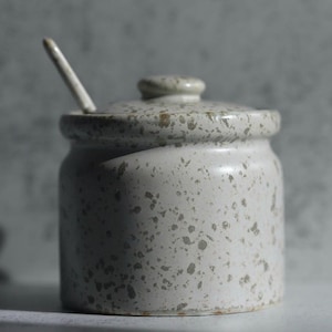 May include: A small, speckled ceramic jar with a lid and a small spoon. The jar is off-white with gray speckles, and the lid has a small knob. The spoon is white. The jar is likely for storing condiments or spices.