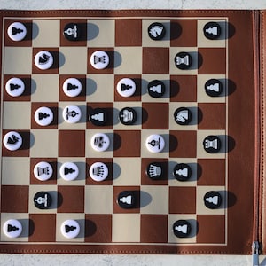 14.5in Foldable Leather Chess and Checkers Set Vegan Leather