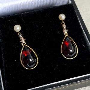 Antique Garnet and Pearl 15ct Gold Drop Earrings