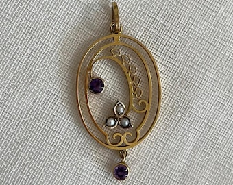 Antique Amethyst & Seed Pearl 9ct Yellow Gold Art Nouveau Pendant