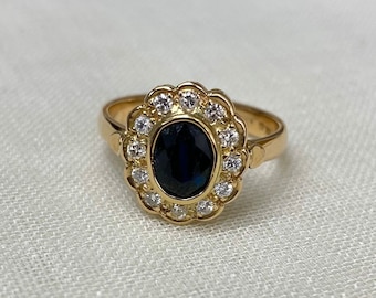 Saphir- und Diamant-Blumencluster-Ring aus 18 Karat Gelbgold