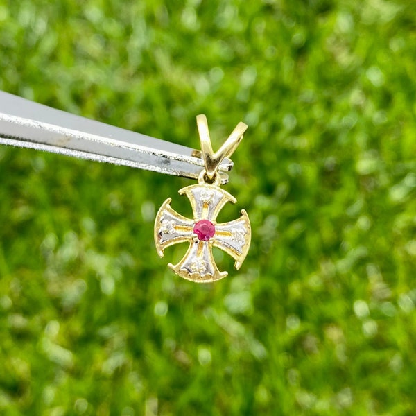 Canterbury Cross Silver and 9ct Gold Charm with Red Stone