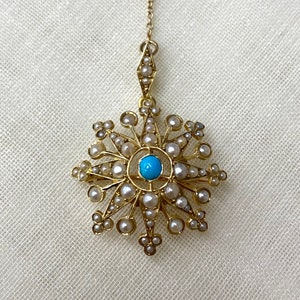 Antique Turquoise & Seed Pearl 15ct Gold Pendant / Brooch