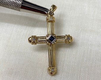 9ct Yellow Gold Sapphire and Diamond Cross Pendant