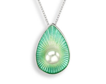 Sterling Silver Green Enamel Teardrop Pearl Necklace