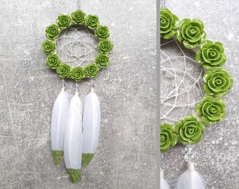 Green Dream Catcher, Greenery Car Accessories for Woman, Car Decorations, Rear View Mirror, Flower Dream Catcher,Girly Car Accessories