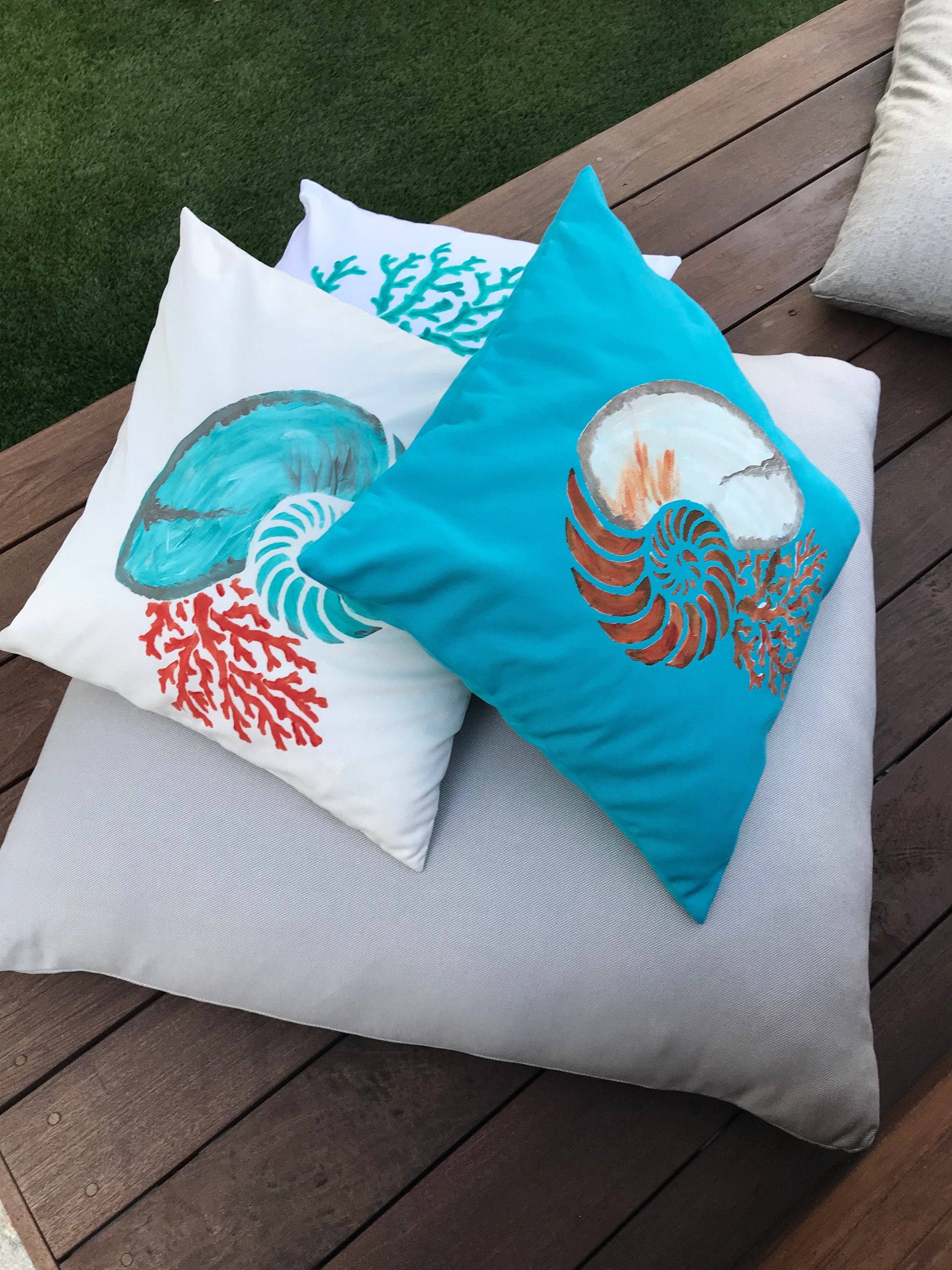 Coastal Throw Pillow Cover Blue Cream Seashell Pillow Hand Painted Pillow Modern Cottage Pillow Beach Pillow Summer Cushion Cover Etsy