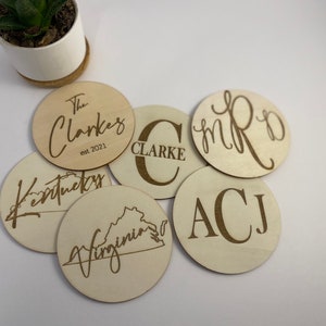 Personalized engraved wooden coasters, custom engraved coasters, wedding gift, housewarming gift, state coasters