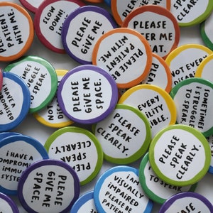 Hidden disabilities pin badges - Visual impairment, fibromyalgia, autism and more.