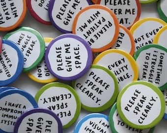 Hidden disabilities pin badges - Visual impairment, fibromyalgia, autism and more.