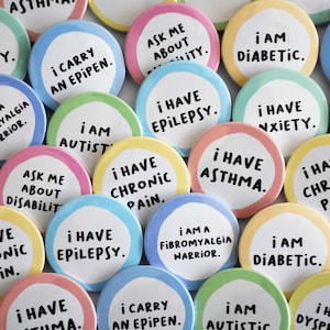 Hidden disabilities badges - Collection II - Asthma, Deaf, Hypermobility, Wheelchair user, fibromyalgia, chronic pain, diabetes and more.
