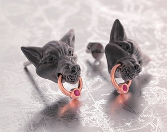 Witchy Earrings,Black Gothic Earrings,Wolf Gifts,Black Gold Studs,Occult Earrings,Coyote Earrings,Fenrir earrings
