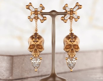 Sugar Skull Earrings,Gold Skull Earrings,Skeleton Jewelry,Witchy Earrings,Bohemian Goth,All Hallows Eve,Sugar Skull Studs