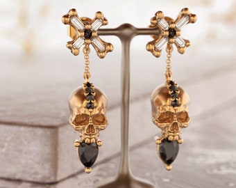 Sugar Skull Earrings,Gold Skull Earrings,Skeleton Jewelry,Witchy Earrings,Bohemian Goth,All Hallows Eve,Sugar Skull Studs